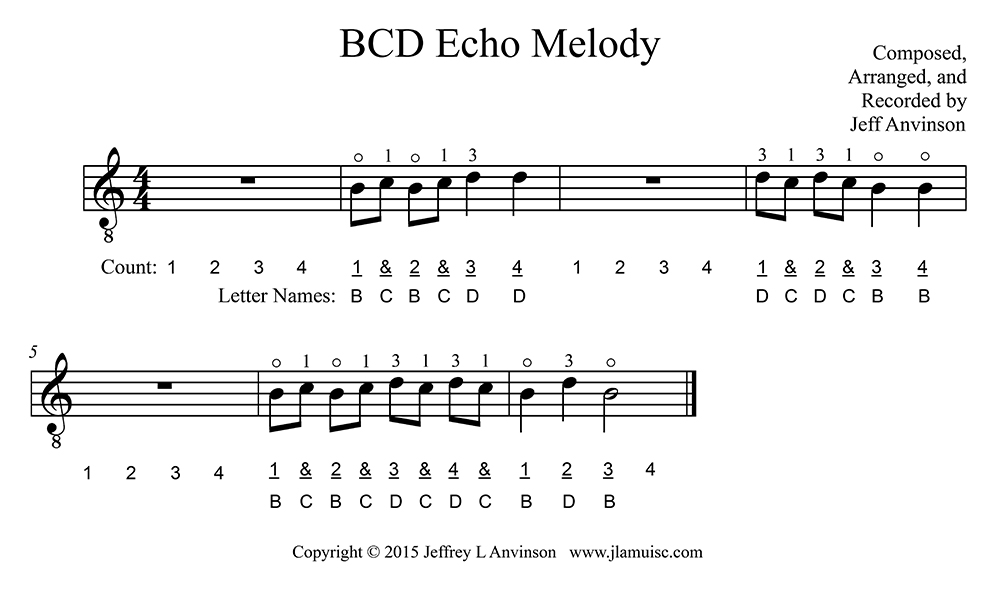 "BCD Echo Melody" - Music to Practice the Notes B, C, and D in First Position on the Second String of the Guitar, Copyright 2015 Jeffrey Anvinson